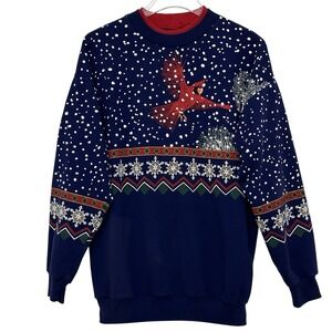 Vintage Orvis Womens Sweater S Blue Red 3D Painted Cardinal Red Bird Snow